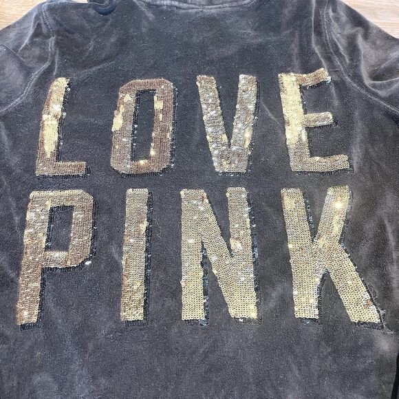 Victoria’s Secret Pink Hoodie Medium Black Gold Sequin Bling Vintage Full Zip - Picture 10 of 16